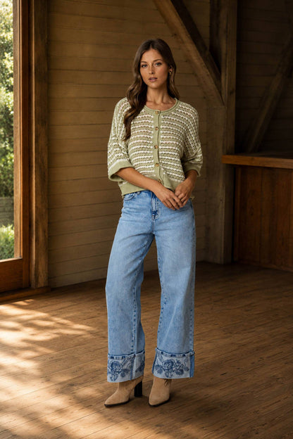 Crochet Knit Cardigan- Sage