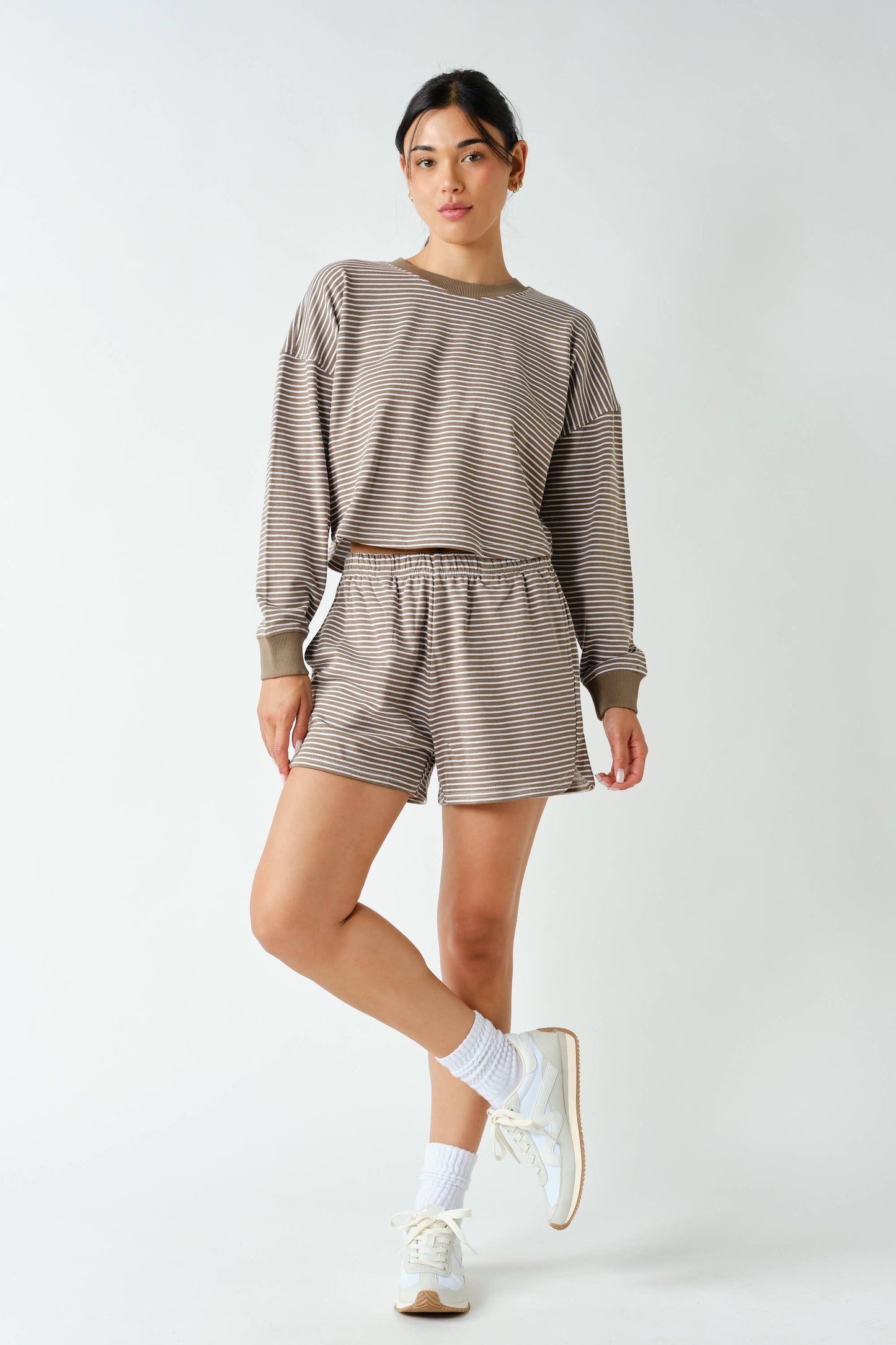 Boardwalk Stripe Crewneck Set- Taupe