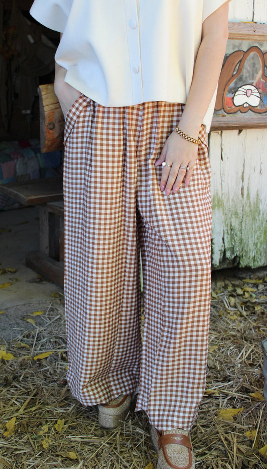 Picnic Days Scalloped Gingham Pants- Taupe