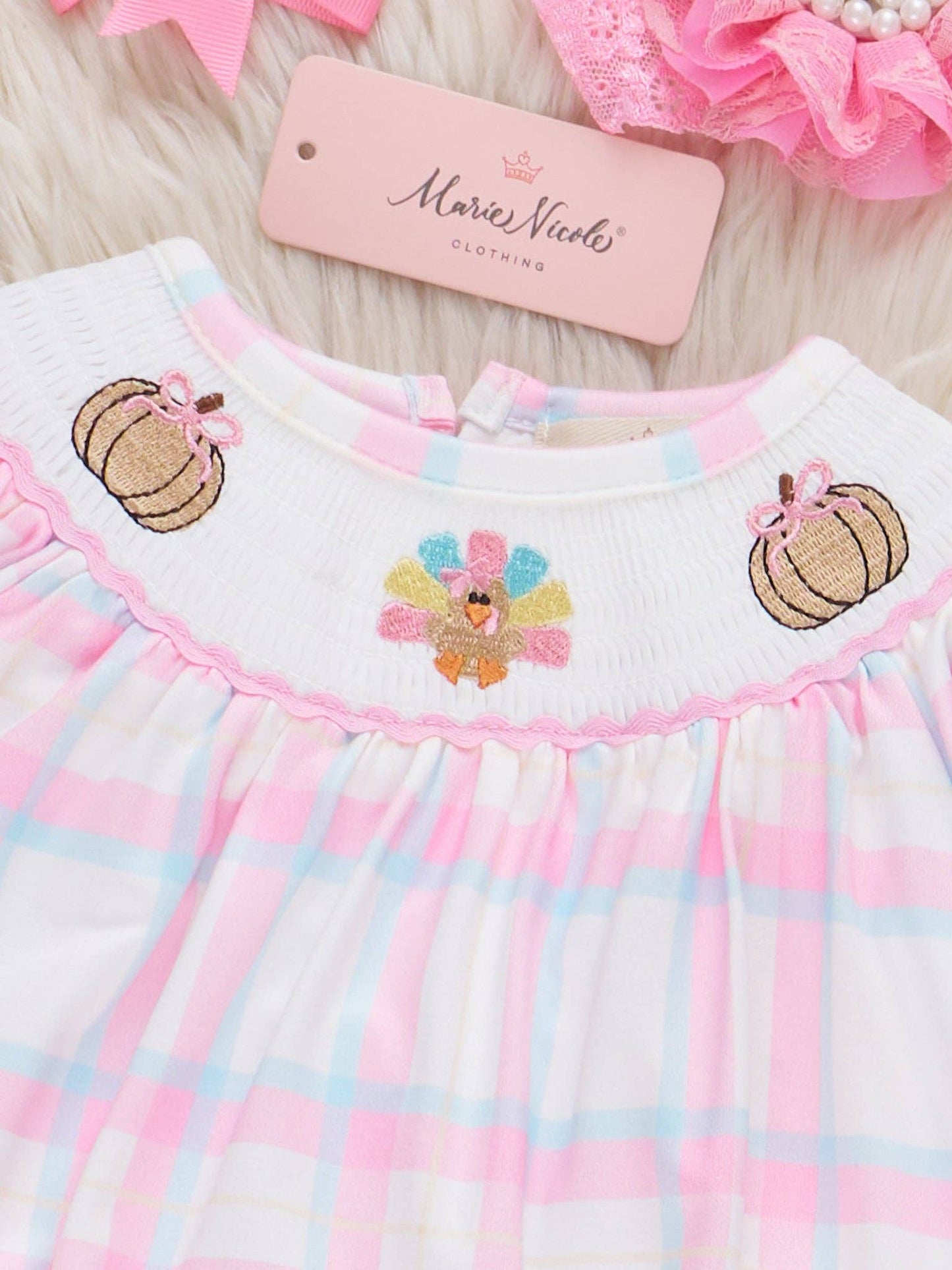 Plaid Smocked Embroidered Pumpkins & Turkey Bubble
