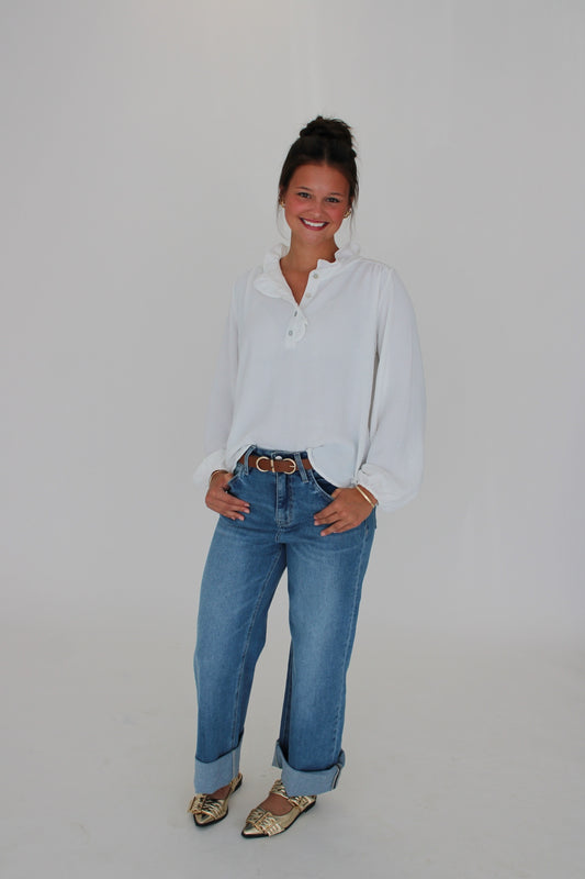 Hampton Knit Ruffle Neck Top- Ivory