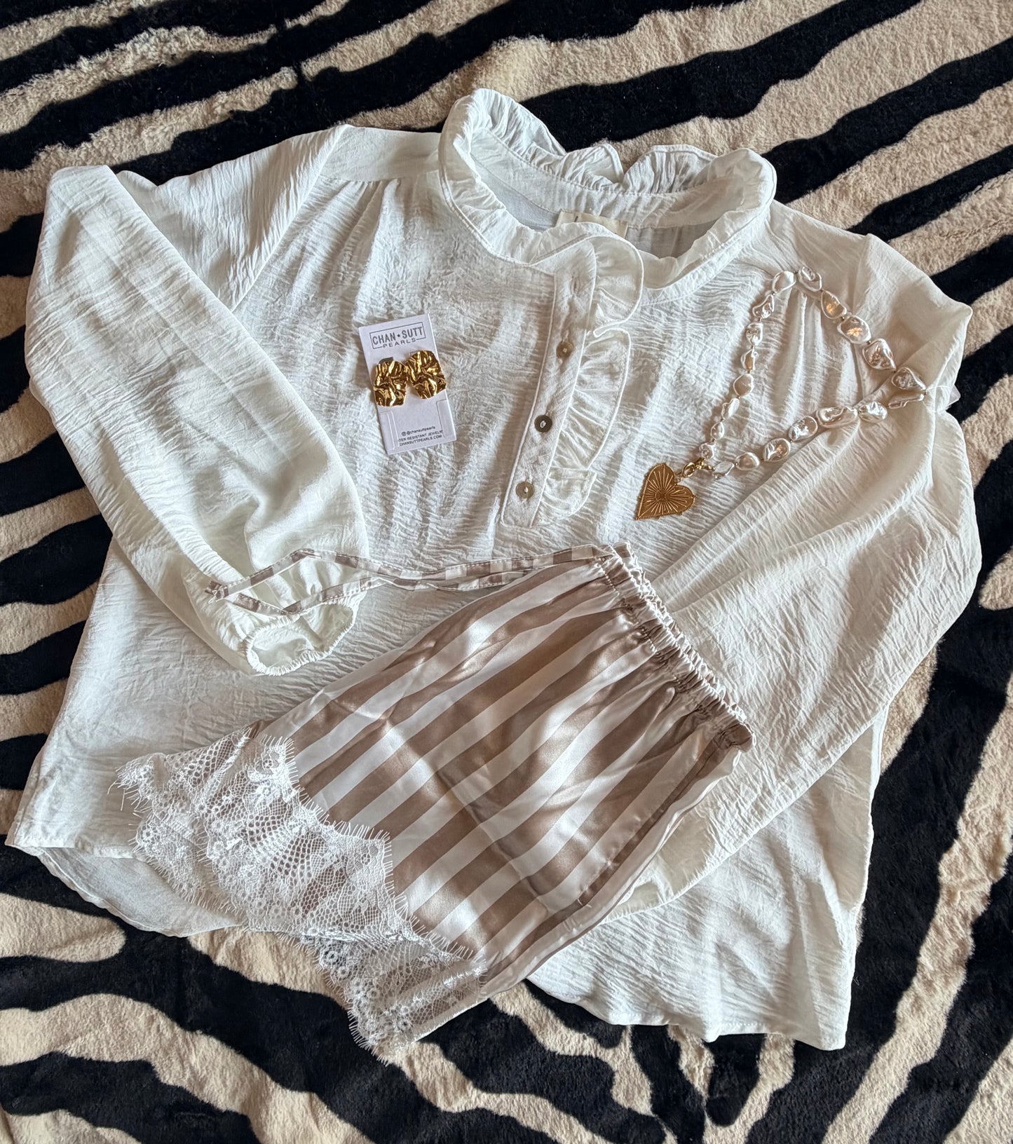White & Beige Striped Lace Shorts