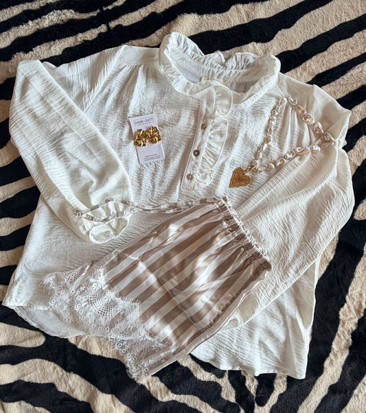 White & Beige Striped Lace Shorts