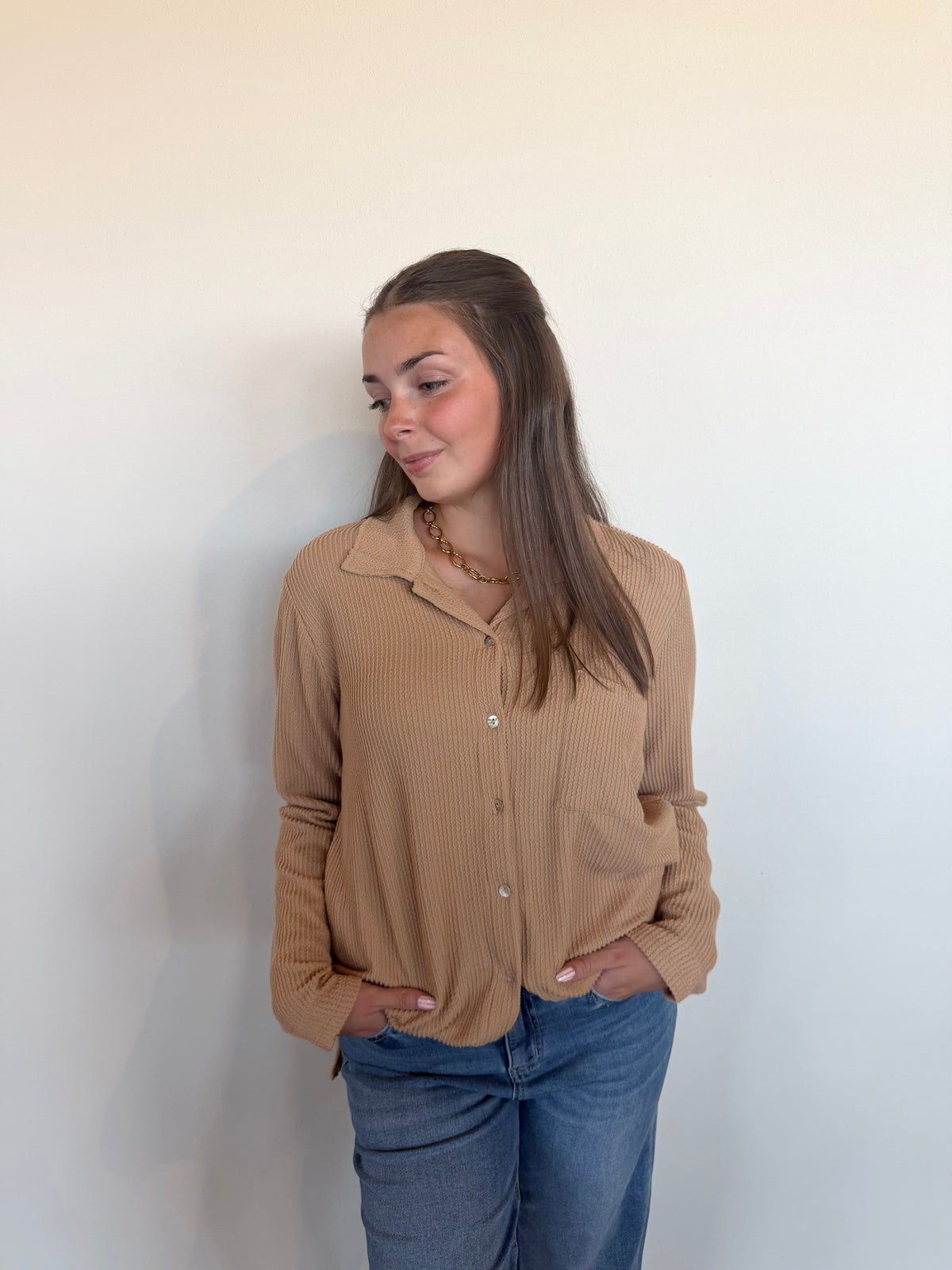 Ribbed Button Up - Taupe