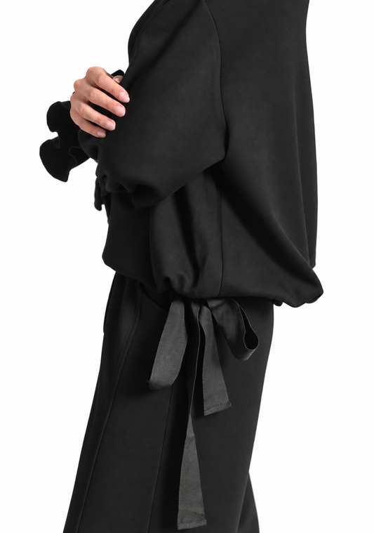 Rouged Sleeve Scuba Top - Black