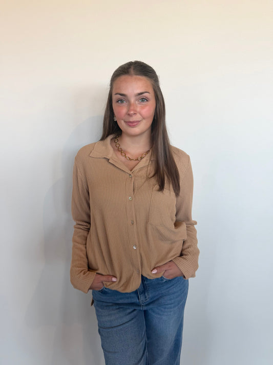 Ribbed Button Up - Taupe