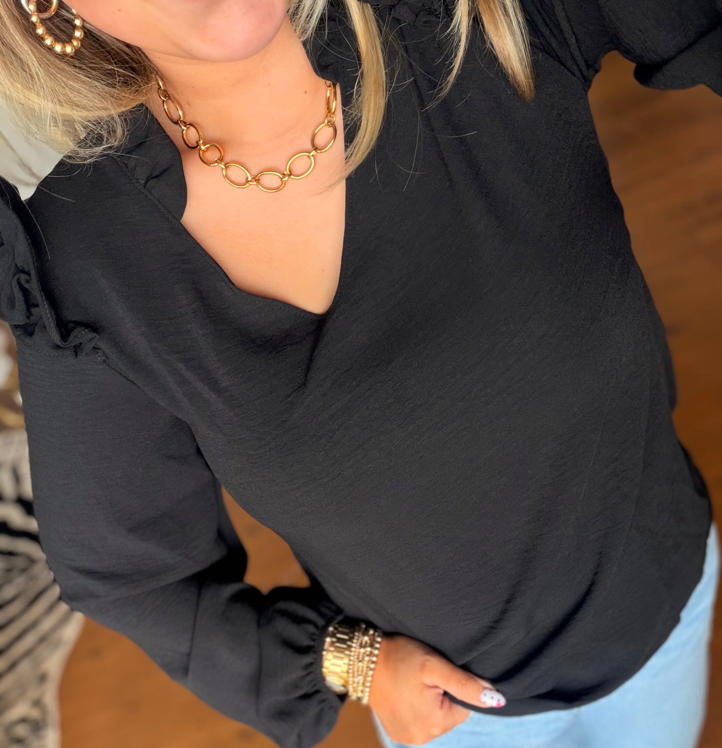 Windsor V Neck Blouse- Black