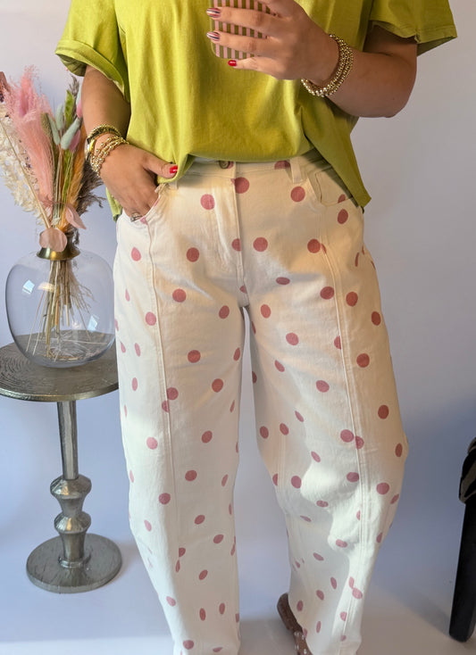 Pink Polka Dot Denim Pants