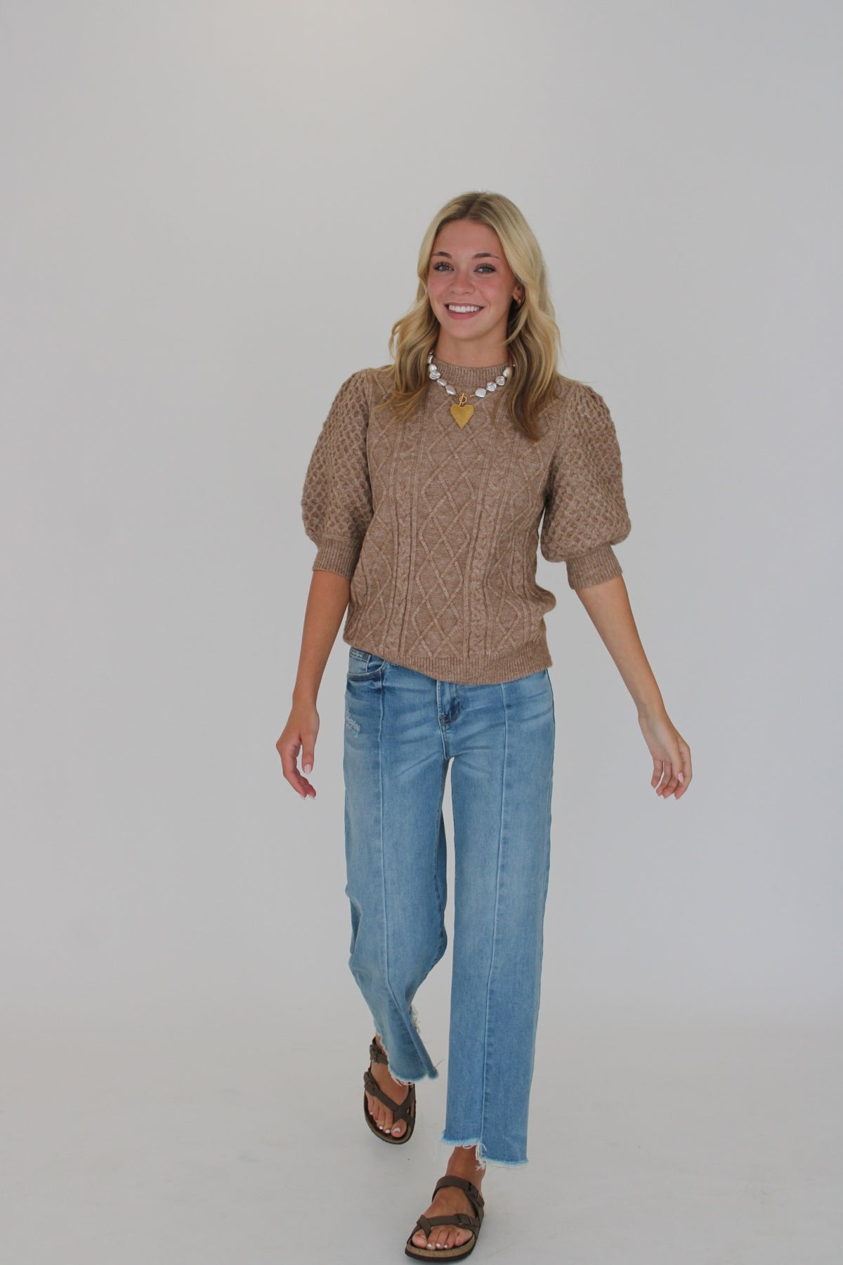 Aspen Cable Knit Puff Sleeve Top- Oatmeal