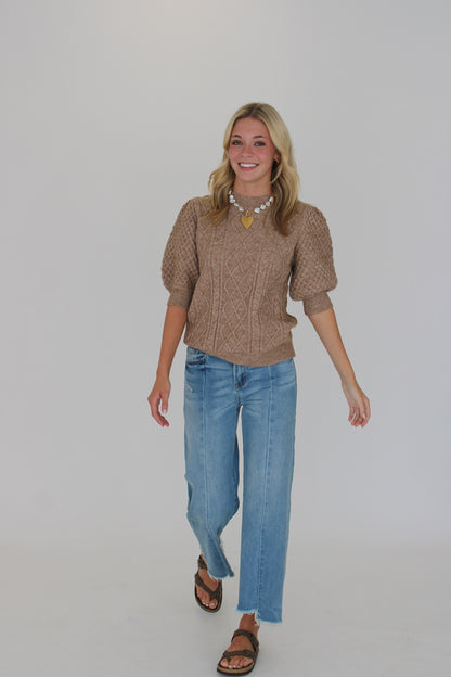 Aspen Cable Knit Puff Sleeve Top- Oatmeal