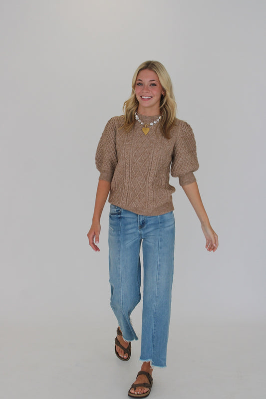 Aspen Cable Knit Puff Sleeve Top- Oatmeal