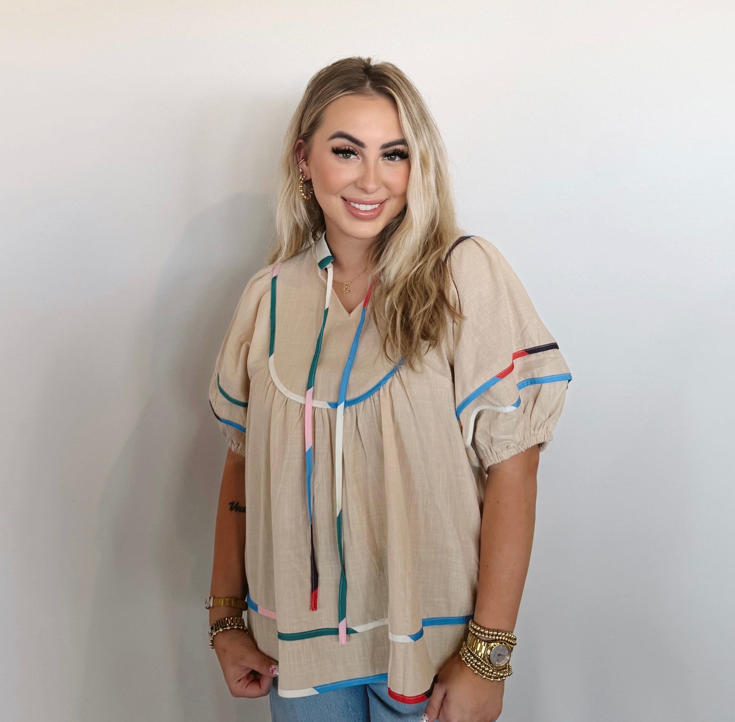 colorful trim puff sleeve top