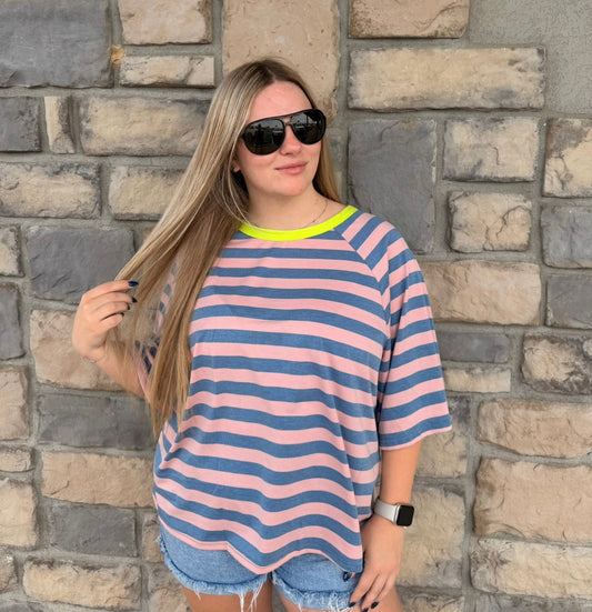 Pink and Blue Striped Boxy Tee