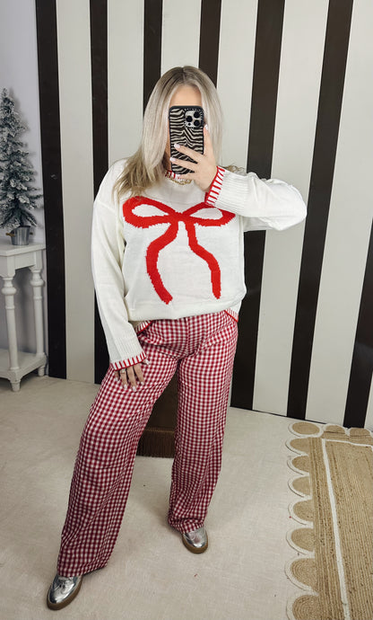 Statement Gingham Wide Leg Pants-Red