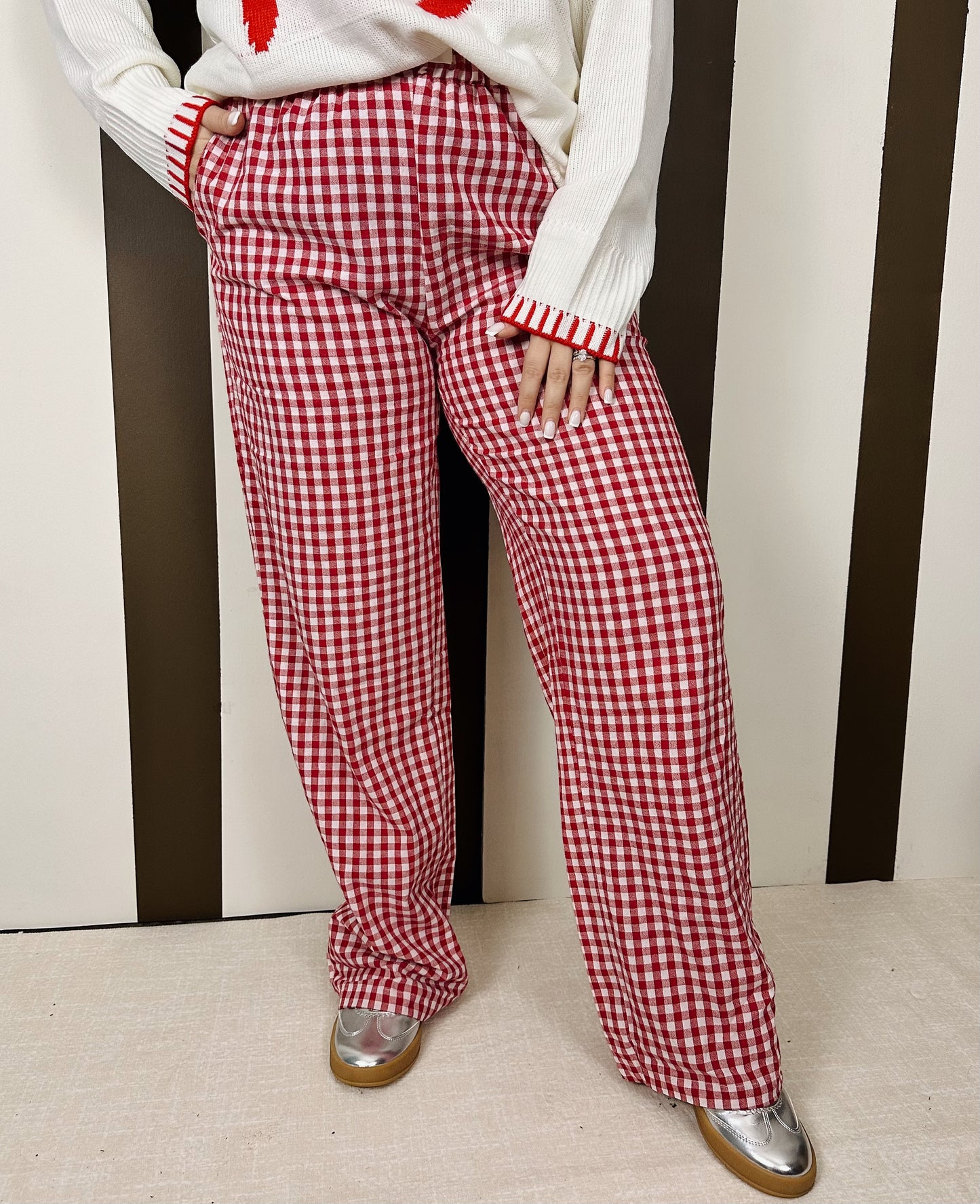 Statement Gingham Wide Leg Pants-Red