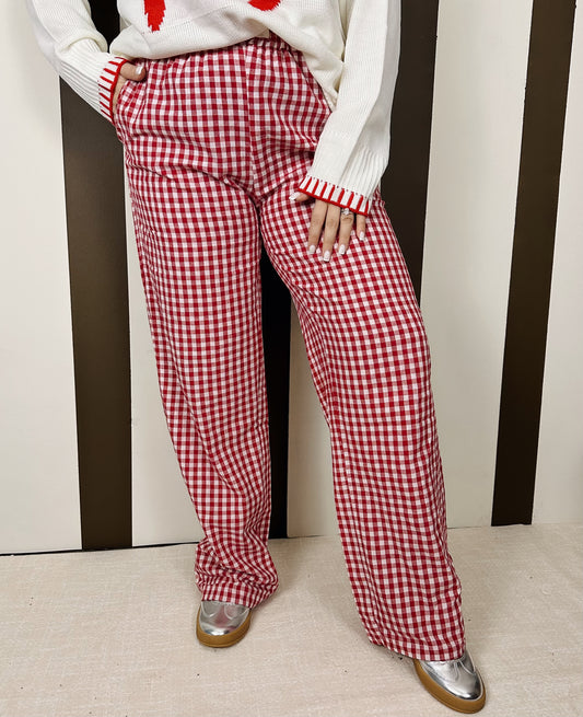 Statement Gingham Wide Leg Pants-Red