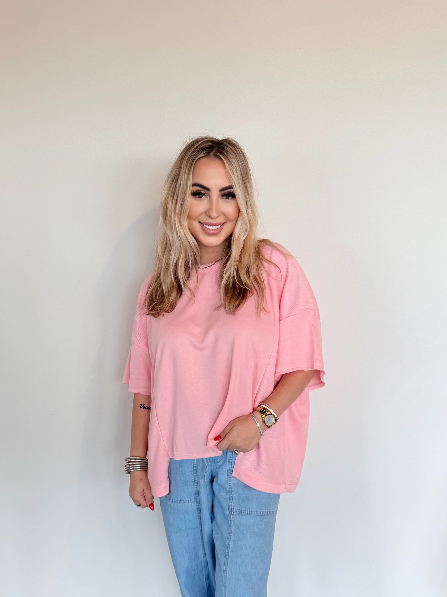 Oversized Patch Hem Top- Pink