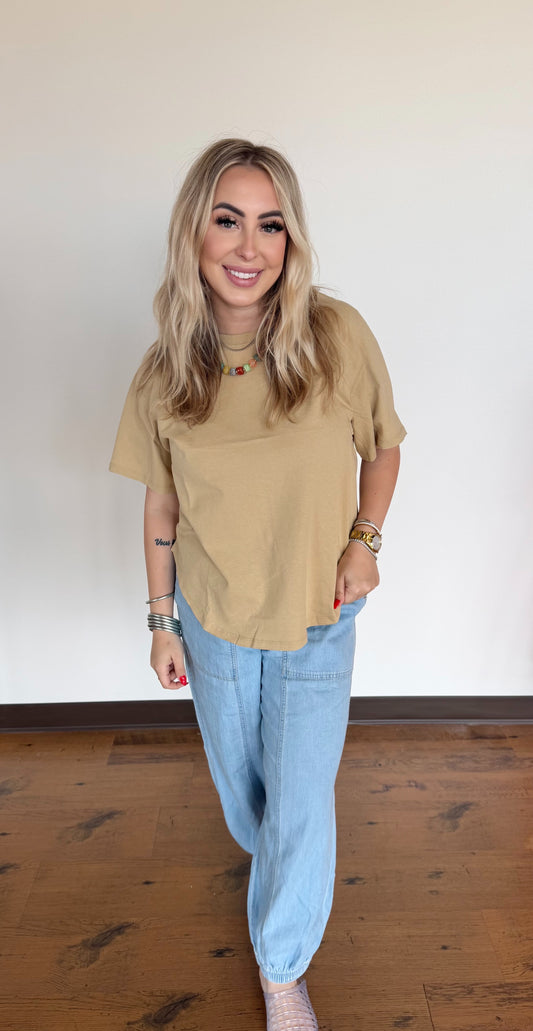 Round Neck Curved Hem Tee- Latte