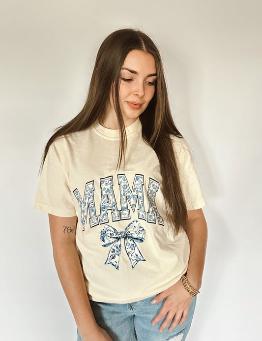Mama Blue and White Floral Tee