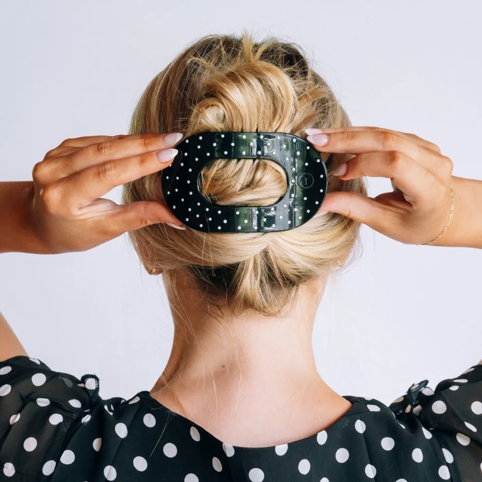 Black Polka Dot Party Large Flat Round Hair Clip - Large