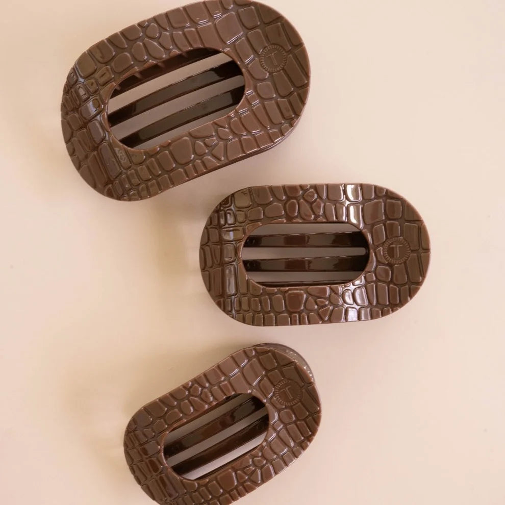 Brown Crocodile Large Flat Round Hair Clip - Large