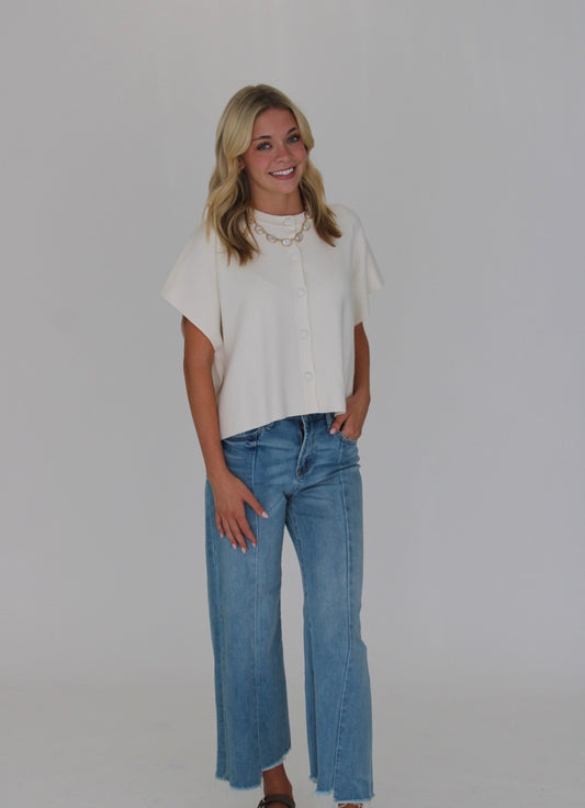 Cream Short Sleeve Button Top