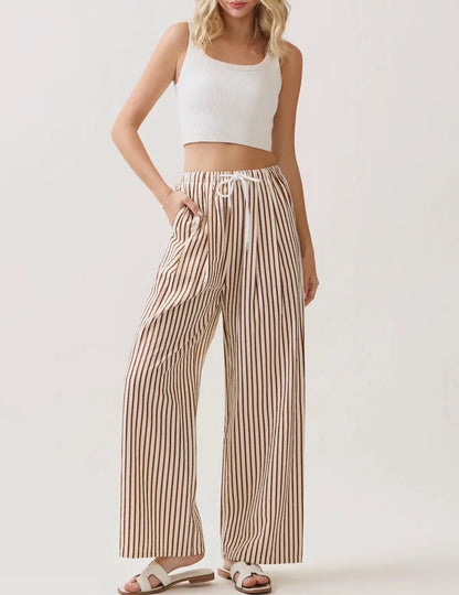 Striped Drawstring Pants- Mocha