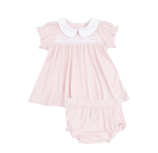 Smocked Peter Pan Collar Dress + Ruffle Leg Bloomer - Solid Classic Pink