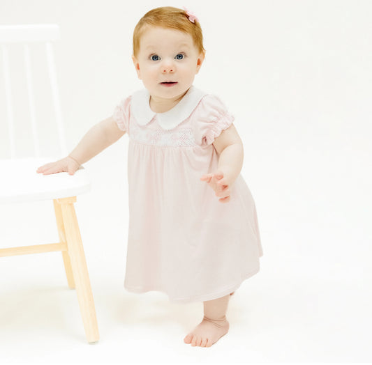 Smocked Peter Pan Collar Dress + Ruffle Leg Bloomer - Solid Classic Pink