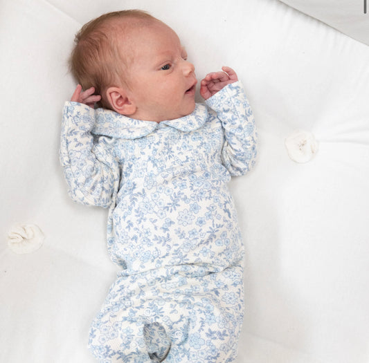 Smocked Peter Pan Footie - Blue Calico Floral