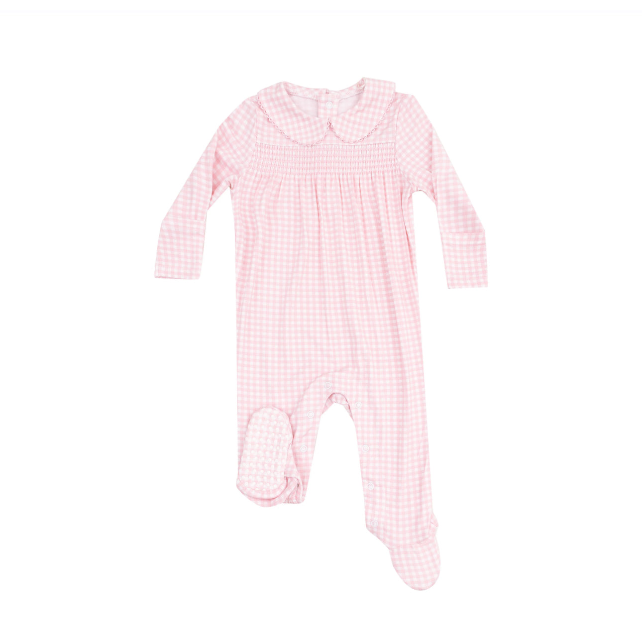 Smocked Peter Pan Footie - Mini Gingham Pink