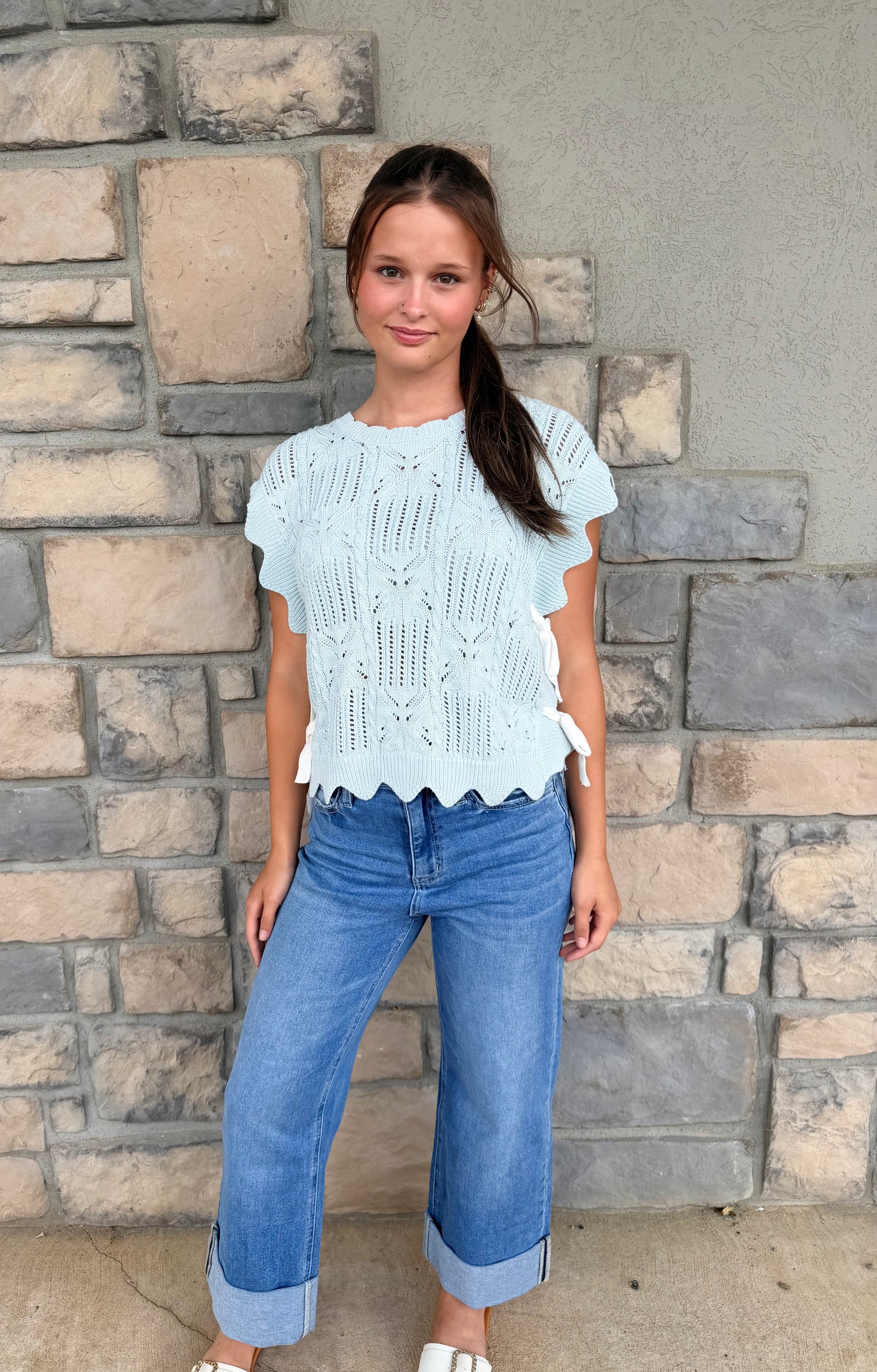 Scalloped Ribbon Top- Baby Blue