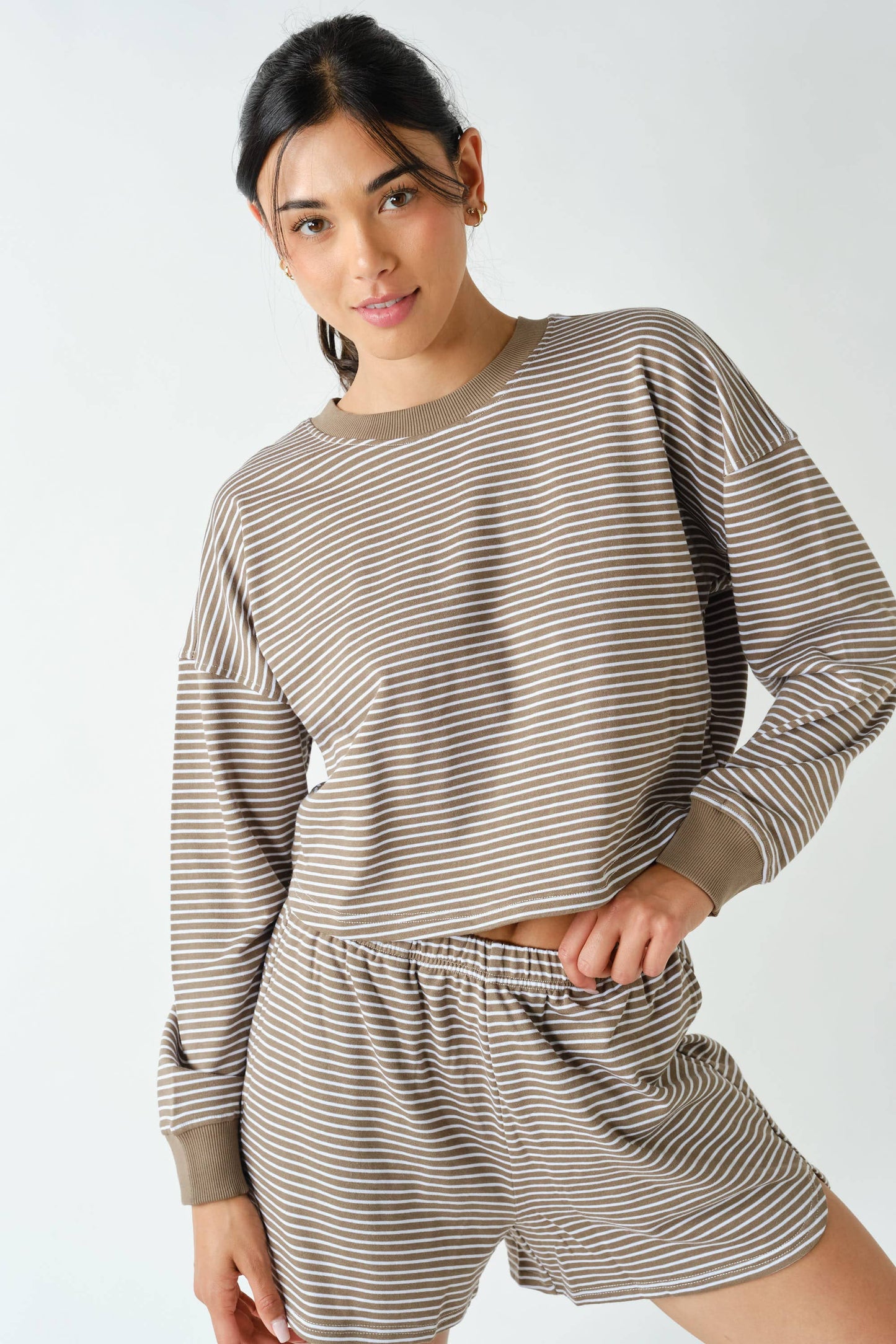 Boardwalk Stripe Crewneck Set- Taupe