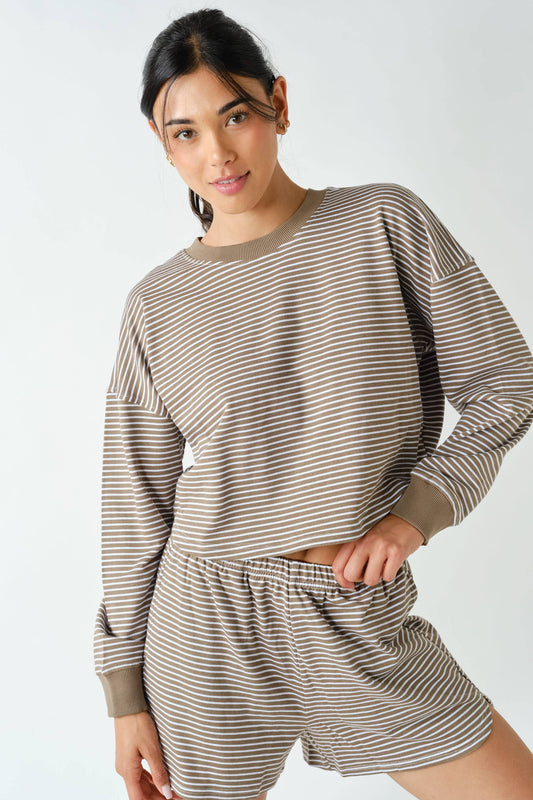 Boardwalk Stripe Crewneck Set- Taupe