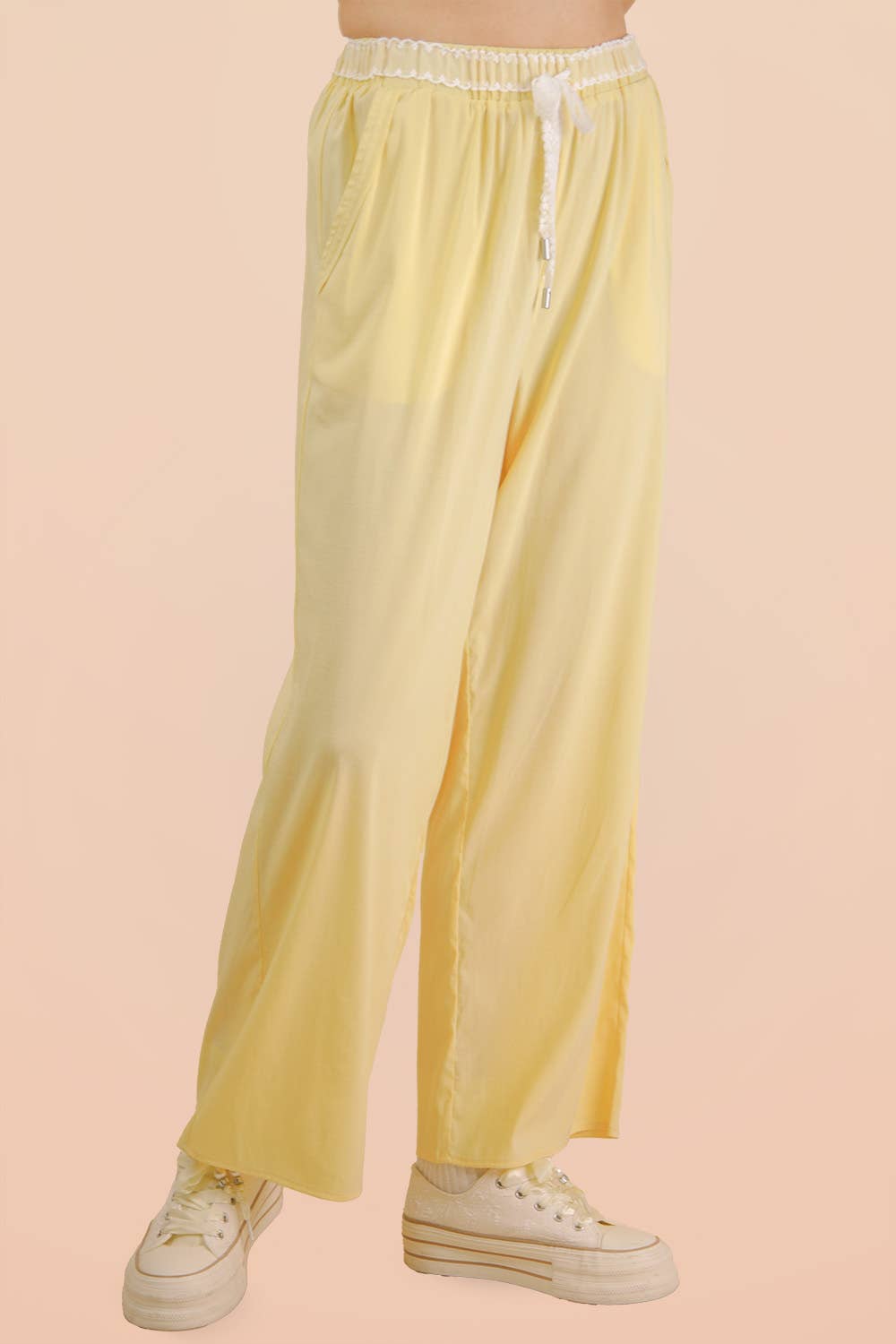 Lace Trim Detail Knit Pants- Butter Yellow
