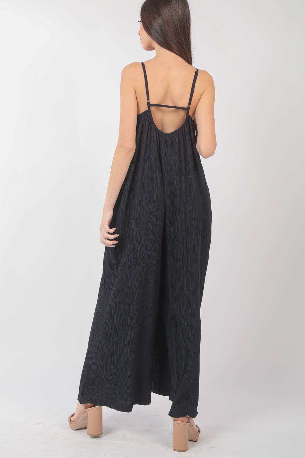 Sleeveless Pleated Wide Leg Jumpsuit- Black