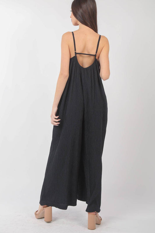 Sleeveless Pleated Wide Leg Jumpsuit- Black