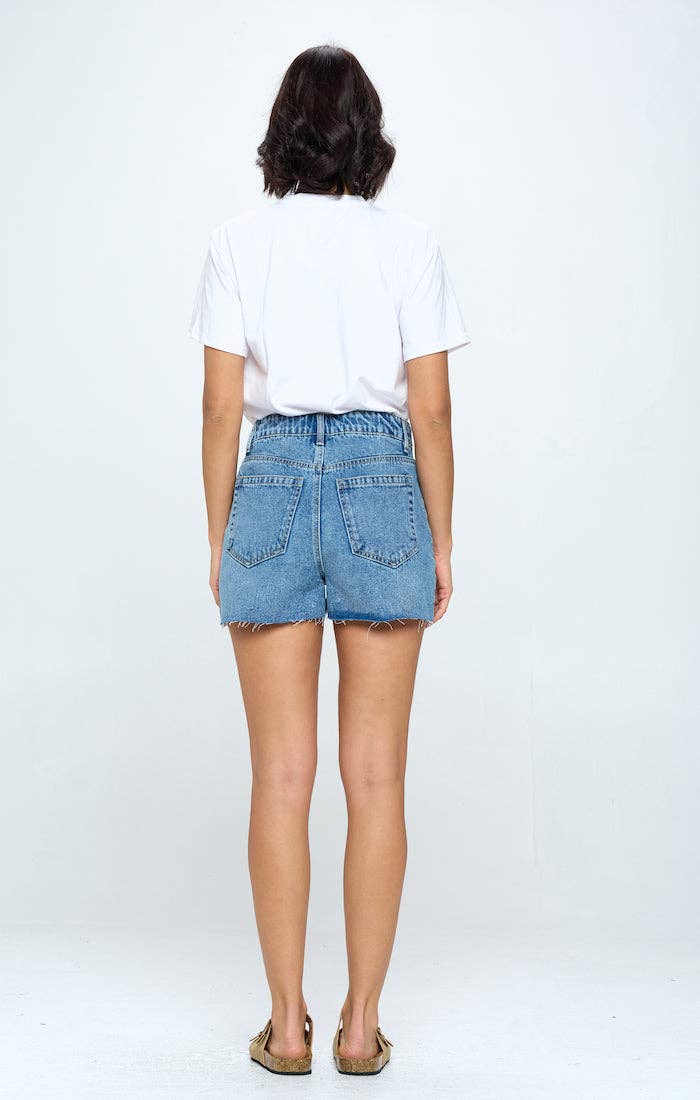 High Rise Frey Hem Denim Shorts- Medium Wash