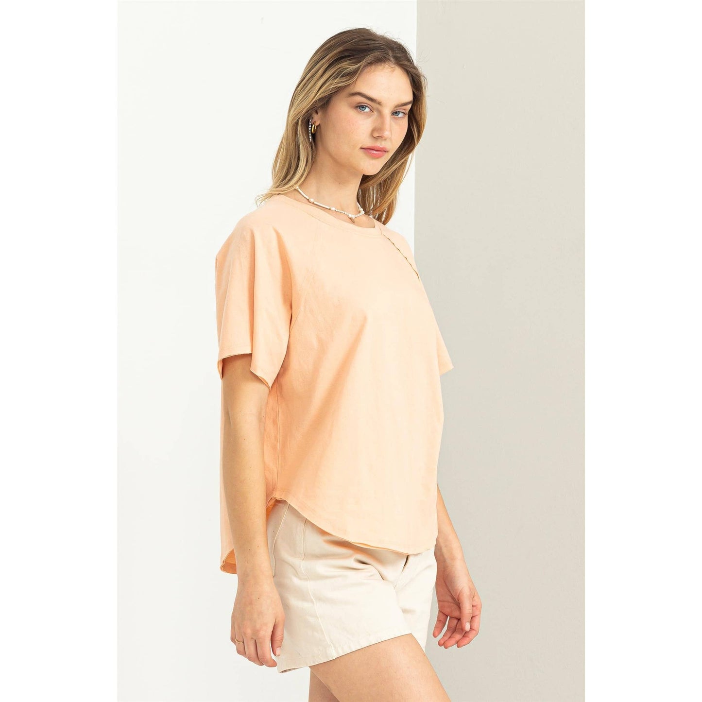 Round Neck Curved Hem Tee- Chartreuse