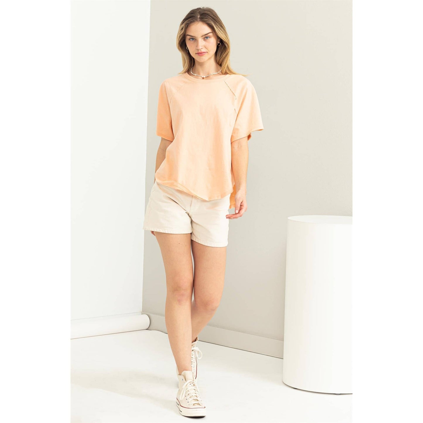 Round Neck Curved Hem Tee- Chartreuse