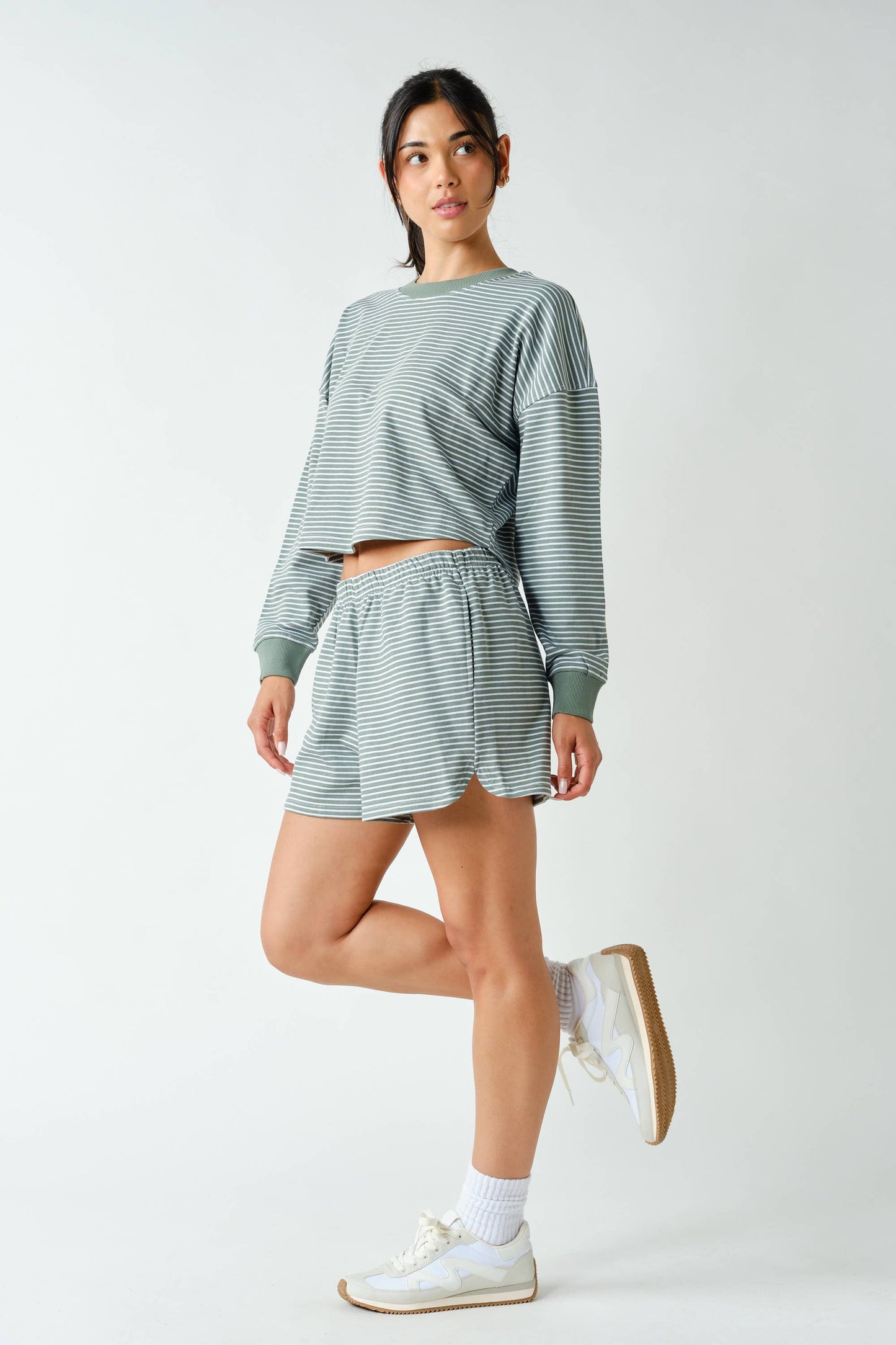 Boardwalk Stripe Crewneck Set- Sage
