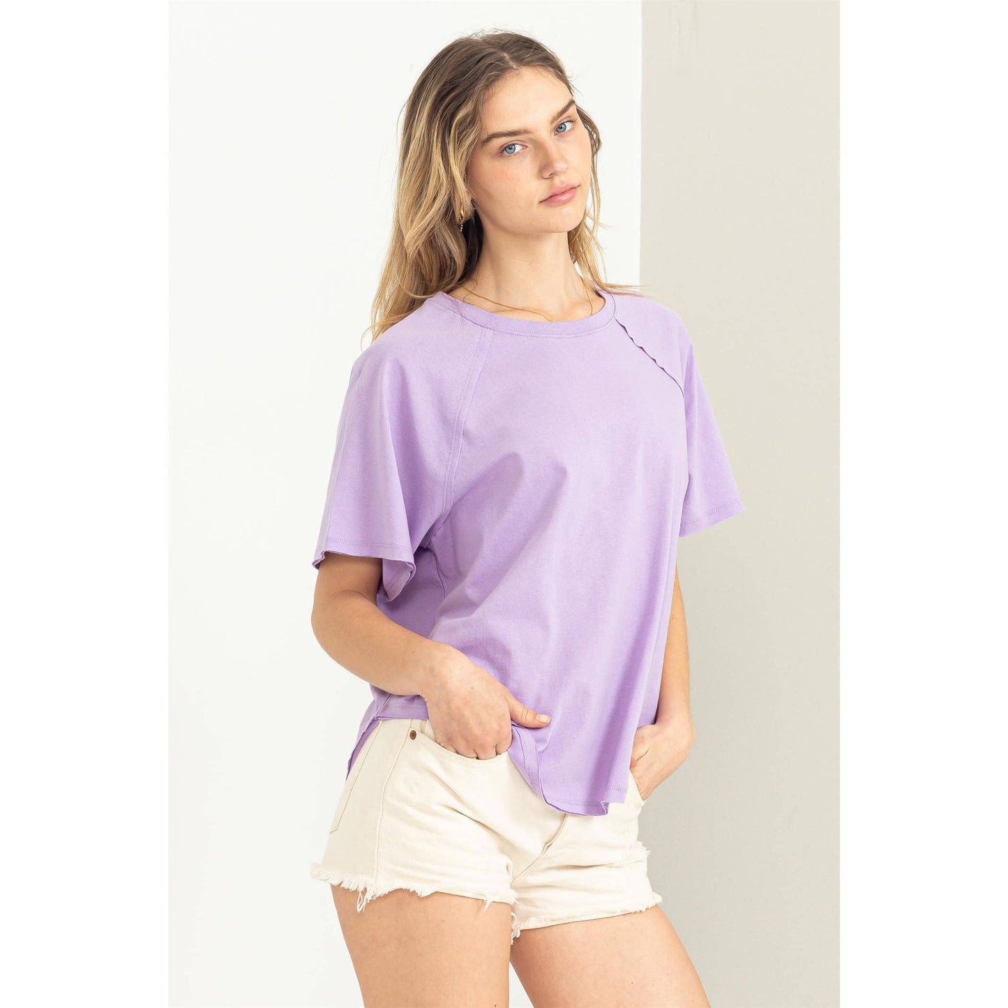 Round Neck Curved Hem Tee- Chartreuse