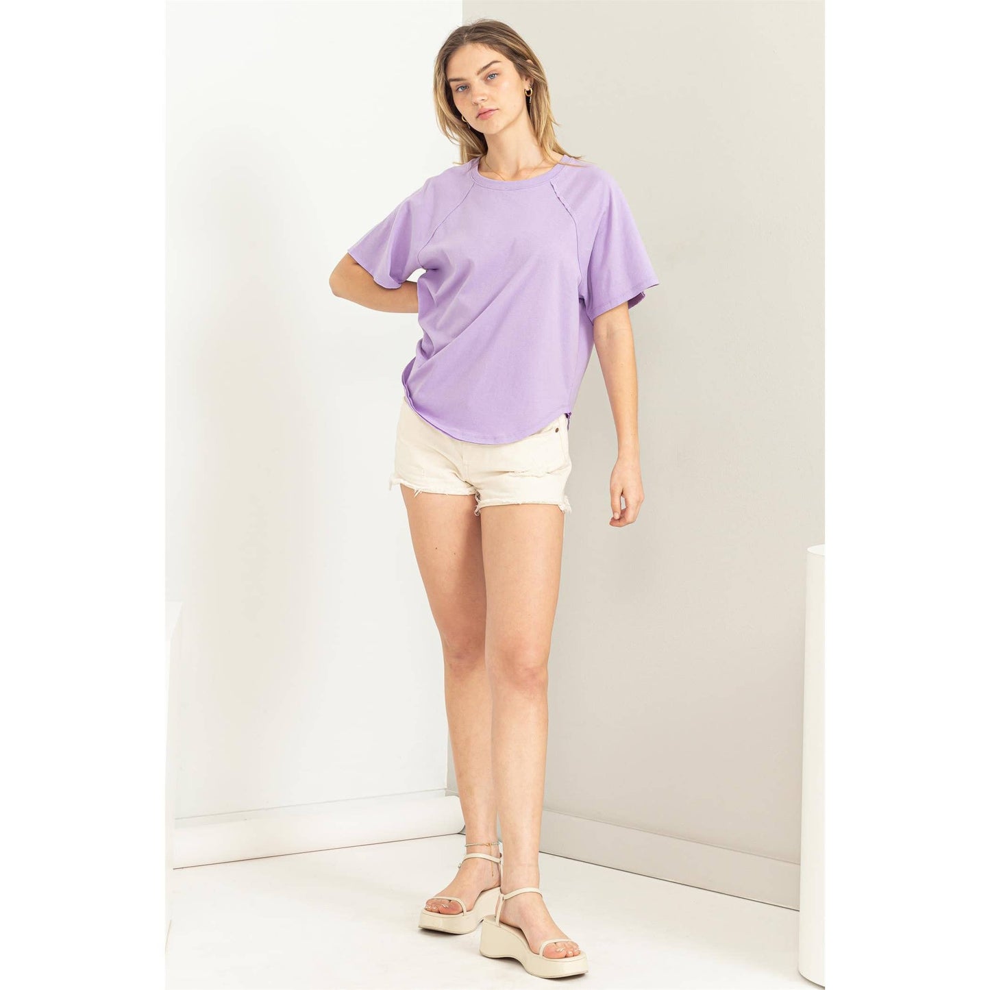 Round Neck Curved Hem Tee- Chartreuse